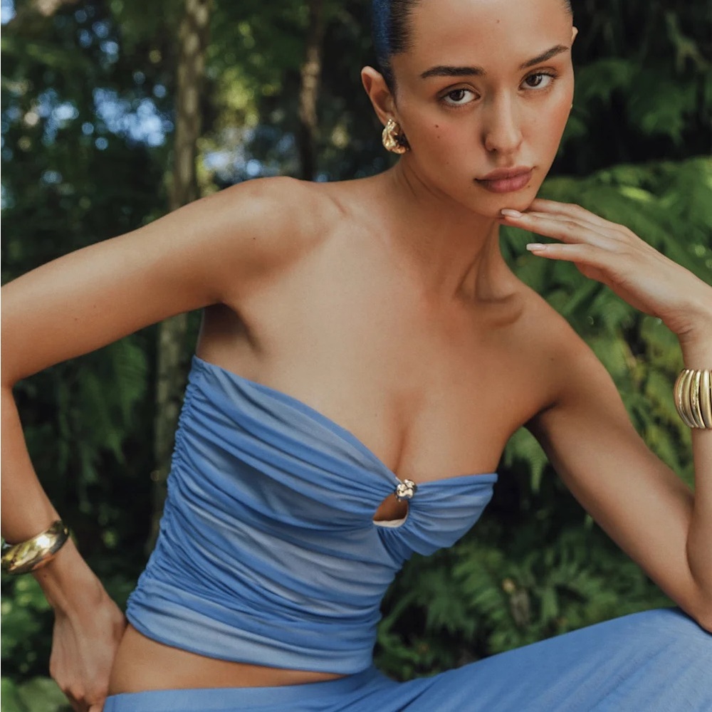 Blue Strapless Ruched Top